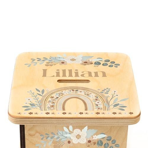 Wooden Piggy Bank for Kids and Adults, Personalized Gift Handmade in USA by BloomOwl, Custom Piggy Bank, Personalized Banks for Kids, Gifts for Baby Boys and Girls (Rainbow- Boho Floral)