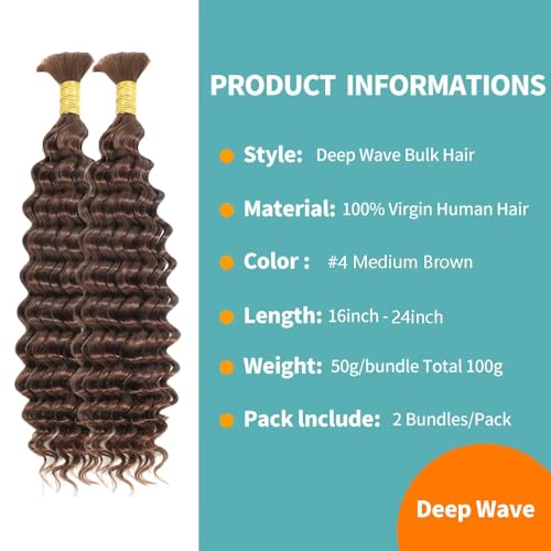 Chocolate Brown Braiding Hair Deep Wave Boho Braids 16Inch No Weft 100g 10A Brazilian Virgin Curly Human Boho Braiding Hair Wet and Wavy Color 4 Remy Hair Extensions