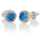 Blue Round Opal Stud Earrings 6mm Sterling Silver Women Handmade Lab Created Birthstone