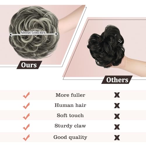 RUWISS Claw Clip Messy Bun Hair Piece Real Human Hair Buns Wavy Curly Chignon Hair Bun Extensions Tousled Updo Hair Buns Claw Clip Ponytail for Women (Black mix Gray and Platinum Blonde Tips)