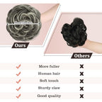 RUWISS Claw Clip Messy Bun Hair Piece Real Human Hair Buns Wavy Curly Chignon Hair Bun Extensions Tousled Updo Hair Buns Claw Clip Ponytail for Women (Black mix Gray and Platinum Blonde Tips)