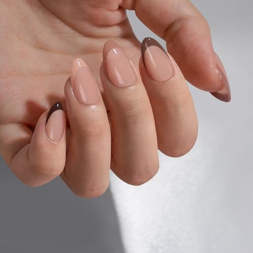 Almond Press On Nails - BTArtbox French Tip Press On Nails, Supremely Fit & Natural Glue On Nails with Nail Glue, Reusable Stick On Nails in 16 Sizes - 30 Fall Soft Gel Fake Nails Kit, Morning Coffee