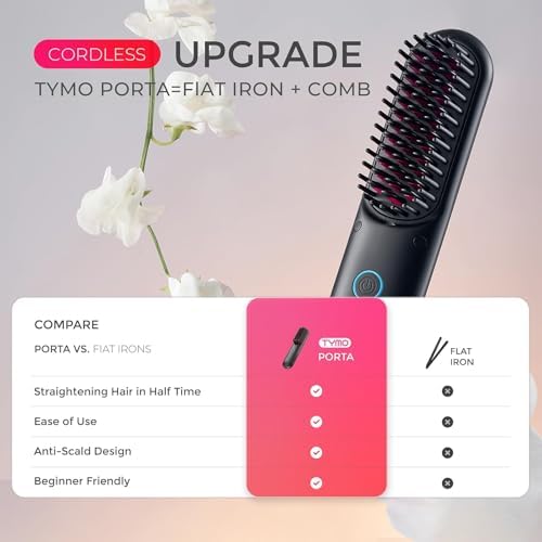 TYMO Porta Cordless Hair Straightener Brush | Mini Portable Straightening Brush for Travel | Negative Ion Hair Straightener Styling Comb | USB Rechargeable Feature | Safety Anti-Scald Design