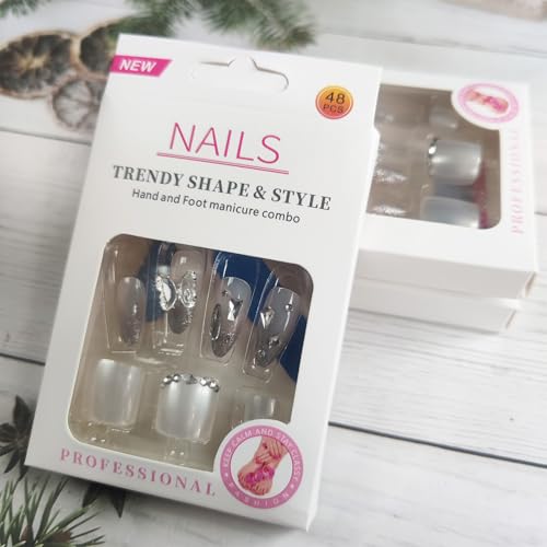 48Pcs Rhinestones Press on Nails Toenails Medium Almond Glossy Silver Glitter Acrylic False Nails 3D Butterfly Fake Nails Gel Glue on Nails for DIY Manicure Stick on Nails for Coquette Women Girls