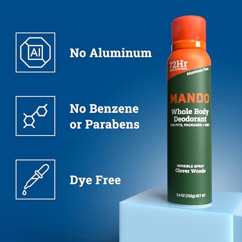 Mando Whole Body Deodorant For Men - Invisible Spray Deodorant - 72 Hour Odor Control - Low Irritation Formula - Aluminum Free, Benzene Free - 3.6 ounce Cans (Pack of 2) - Clover Woods