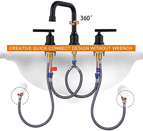 WOWOW Two Handles Widespread 8 inch Bathroom Faucet Black 3 Pieces Basin Faucets 360 Degree Swivel Spout Lavatory Sink Faucet