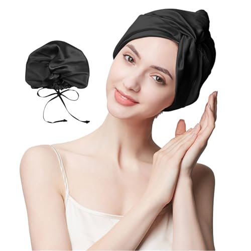 100% Mulberry Silk Sleep Bonnet, Double Layer Silk Turban, Shower Cap, 8 Colors (Black Bonnet With Adjustable Strap)