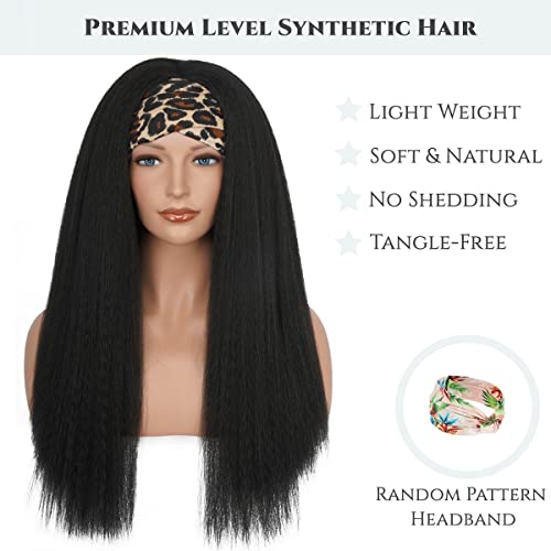 Kinky Straight Headband Wig, Soft & Natural as Human Hair, Glueless Headband Wigs for Black Women, Long Black Italian Yaki Synthetic Half Wig (1B Natural Black, 24 Inch)