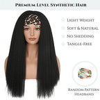 Kinky Straight Headband Wig, Soft & Natural as Human Hair, Glueless Headband Wigs for Black Women, Long Black Italian Yaki Synthetic Half Wig (1B Natural Black, 24 Inch)