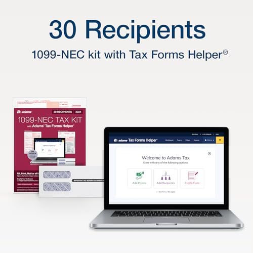 Adams 2024 1099 NEC Kit for 30 Recipients, 3 Part Laser 1099 Forms, 6 1096 Forms, Self Seal Envelopes & Access to Adams Tax Forms Helper (1009313)