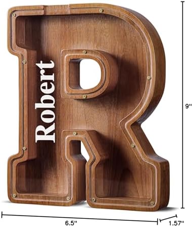 Summidate Customized Name Extra Large Wooden Piggy Bank for Kids Boys Girls Alphabets Letter A-Z Coins Bills Money Change Saving Box Clear Cover (Laser Engraved) Educational Toys 12"- Letter R