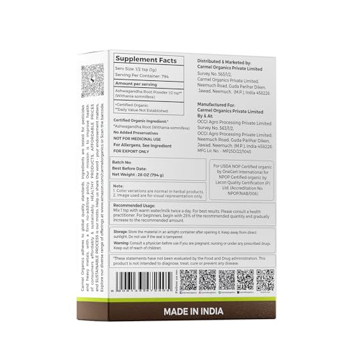 CARMEL ORGANICS Organic Ashwagandha Root Powder (28 Oz or 794g/1.75 Lbs) USDA Certified. Lab Tested, Non GMO & Gluten Free | Withania Somnifera from India