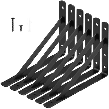Heavy Duty Shelf Brackets 12 x 8 inches, 6 Pack Black Metal Shelves Supports, Load Capacity: 600 lb, Wall Mounted Angle L Floating Shelf Bracket, Rough Texture Powder Coating, HOME MASTER HARDWARE