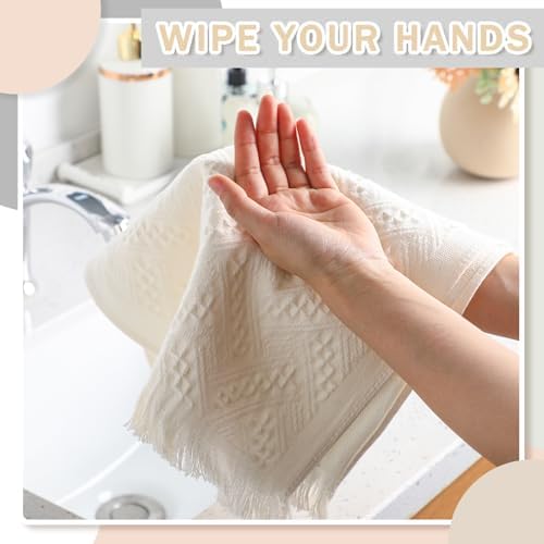 Boho Hand Towels Set of 4 Turkish Cotton 14 x 30 Inch Decorative Absorbent Face Head Towel for Bathroom Kitchen Decor Farmhouse Spa Gym Guest Gift(Beige)