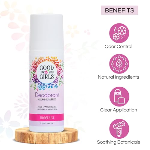 Good for You Girls Aluminum-Free, Natural & Vegan Deodorant for Kids, Preteens, Teens, Safe & Effective Odor Protection, Clear Roll-On, Natural Fragrance | Soft Powder, 3 oz (Pack of 2)