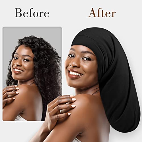 Fittia Long XL Silk Satin Bonnet for Braids, Dreadlocks for Curly Hair Sleeping, Large Silk Sleep Cap for Black Women Men Frizzy Hair