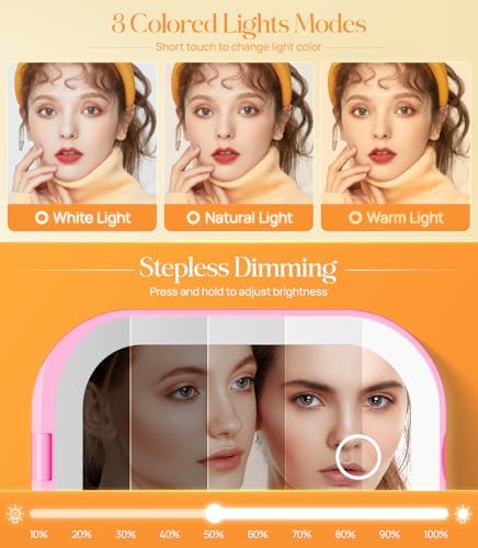 Gospire Lighted Compact Mirror with Light and Magnification 1X/3X, Stepless Dimming and Three-Color Adjustable Lights, Rechargeable Battery and Compact Size for Purse and Travel - Deep Pink