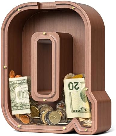 Summidate Wooden Letter Piggy Bank, Extra Thick Large Capacity Piggy Bank for Kids Boys Girls Toddler, Alphabet Q Money Bank| Coin Box Birthday, Christmas, Festival