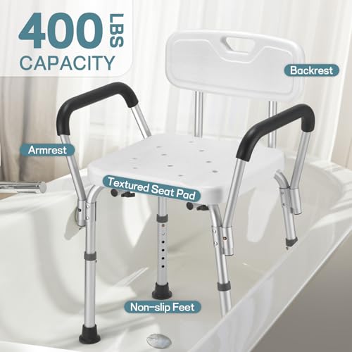 TABEKE Shower Chair for Inside Shower, Heavy Duty Shower Chair with Backrest & Padded Armrest, Height Adjustable Shower Bench, Shower Seat for Bathtub, Elderly and Disabled