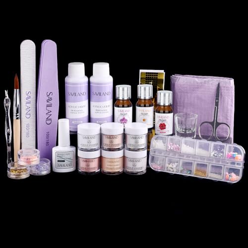SAVILAND Acrylic Nail Kit with Essential Oils: 6 Colors Acrylic Powder and Acrylic Liquid with Practice Mat Acrylic Nail Set for beginners with Everything for Starter DIY Home Nails Art