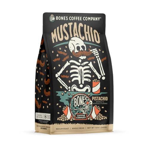 Bones Coffee Company Mustachio Flavored Ground Coffee Beans Pistachio Flavor | 12 oz Flavored Coffee Gifts | Low Acid Medium Roast Gourmet Coffee Beverages (Ground)