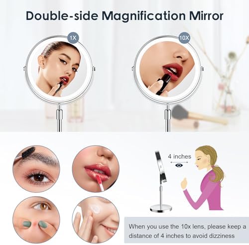 Makeup Mirror with Lights, Height & Brightness Adjustable Lighted Makeup Mirror with 10x Magnification, 8" Rechargeable Double Sided Vanity Mirror with 3 Colors Lights
