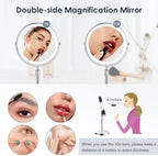 Makeup Mirror with Lights, Height & Brightness Adjustable Lighted Makeup Mirror with 10x Magnification, 8" Rechargeable Double Sided Vanity Mirror with 3 Colors Lights