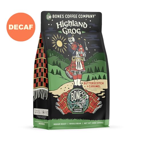 Bones Coffee Company Decaf Highland Grog Flavored Coffee Beans, Whole Bean Coffee Medium Roast Low Acid Decaffeinated, Butterscotch Caramel Flavor (12 oz)