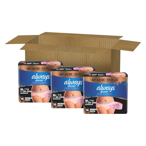 Always Discreet Boutique Incontinence and Postpartum Underwear for Women, Maximum Protection, Extra Large, Rosy, 48 Count (3 Packs of 16)