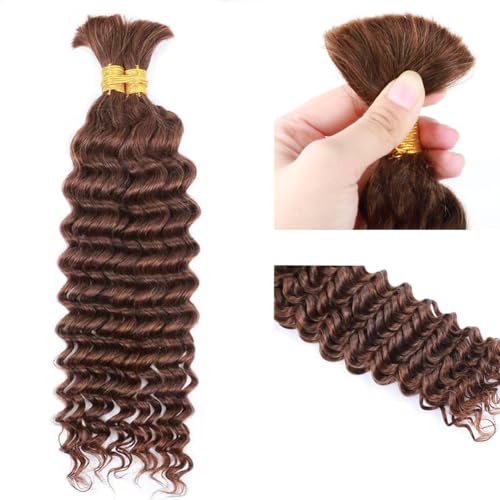 Human Braiding Hair Deep Wave Bulk Human Hair for Braiding 100g Bundle No Weft Curly Braiding Hair Extensions Brown Color for Boho Braids Water Curly Human Hair Braiding Hair (4#, 16 Inch-100G)