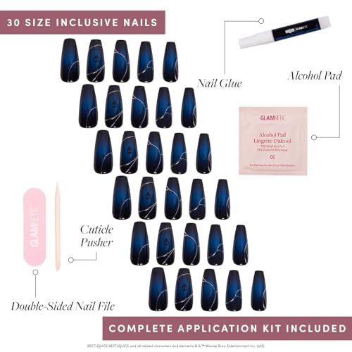 Beetlejuice Beetlejuice™ x Glamnetic Press On Nails - Ghost House™| Opaque Black & Navy Graphic Long Coffin False Nails, Reusable Stick On Fake Nails with Glue | Salon Quality | 15 Sizes - 30 Nail Kit