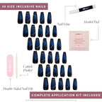 Beetlejuice Beetlejuice™ x Glamnetic Press On Nails - Ghost House™| Opaque Black & Navy Graphic Long Coffin False Nails, Reusable Stick On Fake Nails with Glue | Salon Quality | 15 Sizes - 30 Nail Kit
