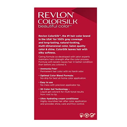 Revlon ColorSilk Permanent Hair Color, 100% Gray Coverage Dye Kit, Ammonia-Free, Keratin and Amino Acids, Red Shades, 44 Medium Reddish Brown (Pack of 3)