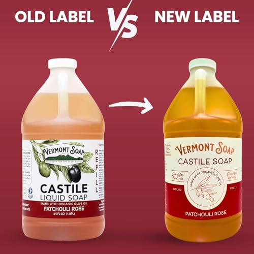 Vermont Castile Soap Patchouli Rose, Gentle Liquid Soap for Sensitive Skin & Natural Body Wash, Organic Hair Shampoo for Oily Hair, Aloe Castile Soap for Men & Women - 64 Oz