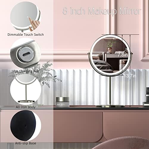 8" Lighted Makeup Mirror with Magnification, 1X/10X Magnifying Lighted Vanity Mirror, Double Sided 360 Swivel USB Rechargeable, 3 Colors Dimmable Lightning Mirror with 52 LEDs Brush Nickle