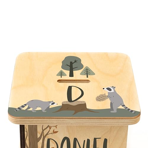 Wooden Piggy Bank for Kids and Adults, Personalized Gift Handmade in USA by BloomOwl, Custom Piggy Bank, Personalized Banks for Kids, Gifts for Baby Boys and Girls (Woodland)