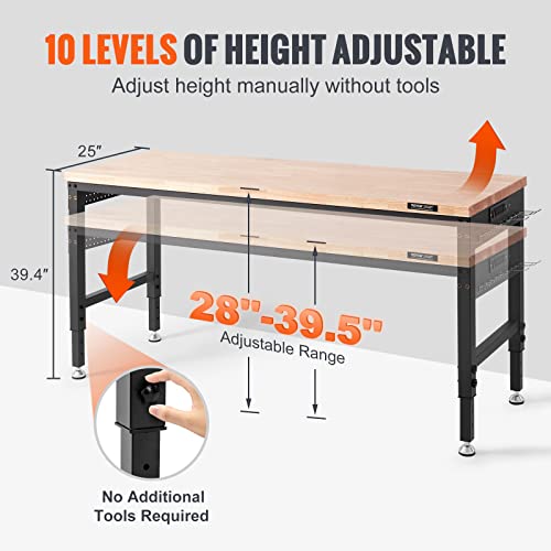 VEVOR Workbench for Garage 72" Adjustable Workbench, Heavy-Duty Hardwood Worktable with Universal Wheels, 3000 LBS Load Capacity, with Power Outlets, for Workshop, Garage, Office and Home