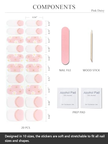 Semi Cured Gel Nail Strips (Pink Daisy)-20 PCS French Gel Nail Stickers | Gel Nail Wraps | UV Light Required, Salon Quality & Easy to Use