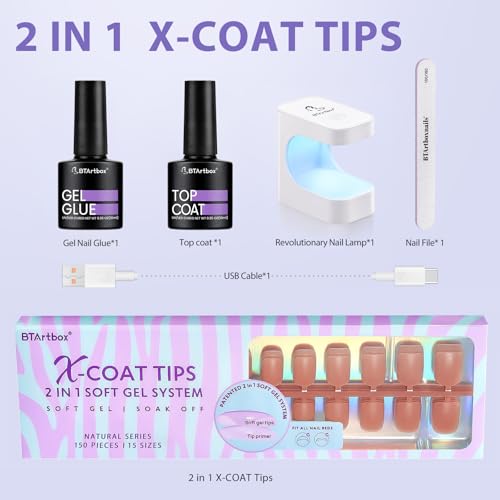 BTArtbox XCOATTIPS Gel Nail Kit - Extra Short Square Nail Tips Pre-applied Tip Primer, Gel Nail Glue, Top Coat, Brown Nail Extension Kit for Daily Nail Art