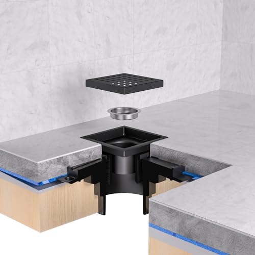 EXF Square Shower Drain 4-3/8 Inch Matte Black, Stainless Steel Shower Floor Drain Kit with ABS Flange, Removable Cover Grid Grate, Hair Strainer