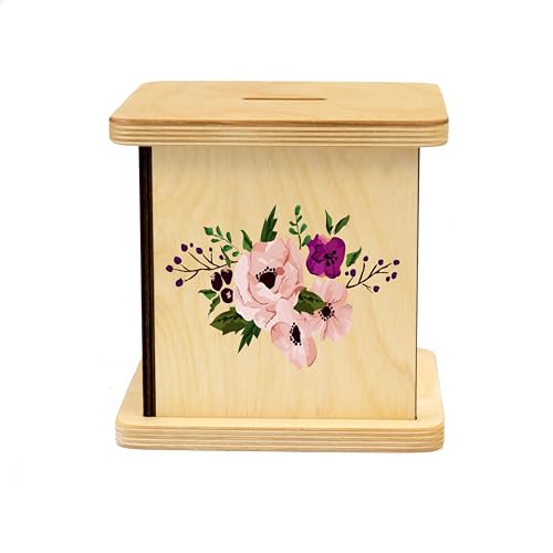 Wooden Piggy Bank for Kids and Adults, Personalized Gift Handmade in USA by BloomOwl, Custom Piggy Bank, Personalized Banks for Kids, Gifts for Baby Boys and Girls (Plum Floral)