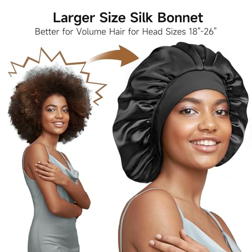 Umisleep 22 Momme 100% Real Mulberry Silk Bonnet for Sleeping Women, Large Hair Care Bonnet for Long Curly Hair, Double Layer Silk Hair Wrap with Soft Elastic Band, Non-Slip Sleep Cap, Black+Purple