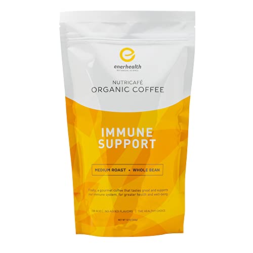 Enerhealth Botanicals NutriCafé Immune Support – Fairly Traded, Low Acid, Medium Roast Whole Arabica Bean Coffee, Infused with 6 Organic Mushroom Extracts to Boost Immunity – 12 oz