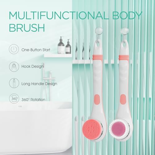 VOYOR Electric Body Brush Back Scrubber for Shower Rechargeable Exfoliating Bath Brush Powered Shower Brush with Non-Slip Long Handle Deep Cleansing, Exfoliation, Massaging Spin Brush BC100 (Pink)