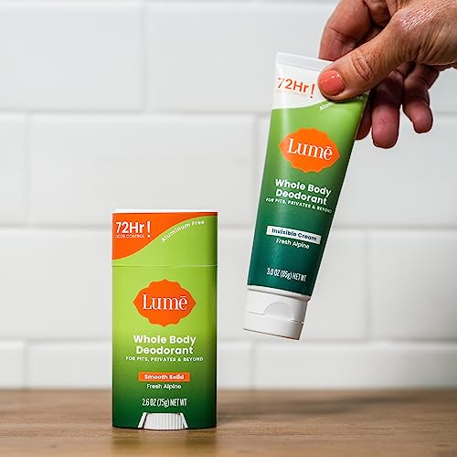 Lume Whole Body Deodorant - Invisible Cream Tube and Solid Stick - 72 Hour Odor Control - Aluminum Free, Baking Soda Free, Skin Loving - 3.0 Ounce Tube and 2.6 Ounce Solid Stick Bundle (Fresh Alpine)