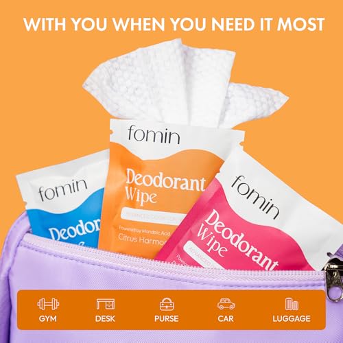 FOMIN Acidified Travel Deodorant Wipes For Women & Men - 15 Count - Citrus Harmony - pH Balanced, Mini Deodorant Travel Size Wipes - Plastic-Free, Individually Wrapped Underarm Body Wipes