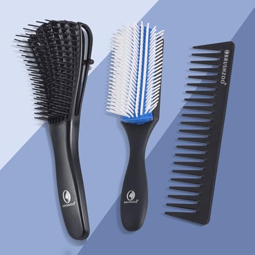 Hair Brush Set, Includes Detangling Brush, Classic 9 Row Brush, Wide Tooth Comb Brush, Hair Spray Bottle - For Women Men Kids Curly Hair