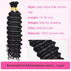 Human Braiding Hair for Boho Braids 18 Inch 100g/pack 2 Bundles Deep Wave Bulk Bundles 100% Unprocessed Curly Micro Human Hair Braiding Hair Extensions Wet and Wave Natural Color for Women