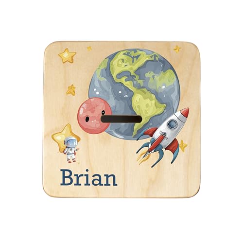 Wooden Piggy Bank for Kids and Adults, Personalized Gift Handmade in USA by BloomOwl, Custom Piggy Bank, Personalized Banks for Kids, Gifts for Baby Boys and Girls (Astronaut)