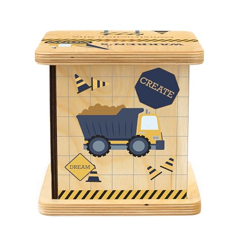 Wooden Piggy Bank for Kids and Adults, Personalized Gift Handmade in USA by BloomOwl, Custom Piggy Bank, Personalized Banks for Kids, Gifts for Baby Boys and Girls (Construction- Navy)